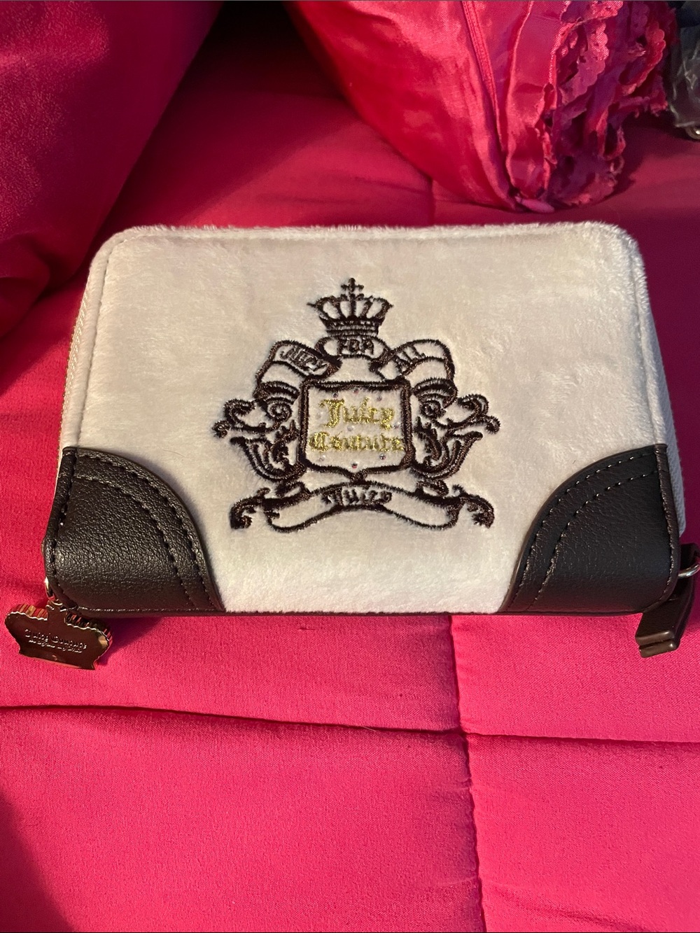 Juicy Couture White Faux Fur Wallet with Brown Trim & Embroidered Crest
